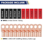haisstronica 10pcs 4 AWG - 5/16" (M8) Battery Cable Lugs, Heavy Duty Copper Wire Lugs with 10pcs 3:1 Adhesive Heat Shrink Tubing, 4 Gauge Wire Connectors Battery Terminal Connector, Battery Cable Ends