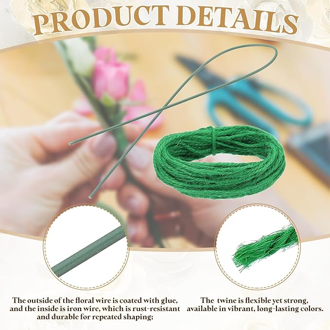 uxcell 50Pcs 2 Gauge Floral Wire, 11.81" Length Flower Stem Wires with 0.08" x 32.8ft Twine for Wreath Making, Flower Arrangement, Green