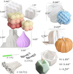 6pcs Silicone Candle Making Molds Kit Set, 3D Silicone Mold for Baking Desser, Soy Wax, Soap Geometric Pumpkin Shapes Yarn Ball Bubble Cube Molds DIY Scented Candle
