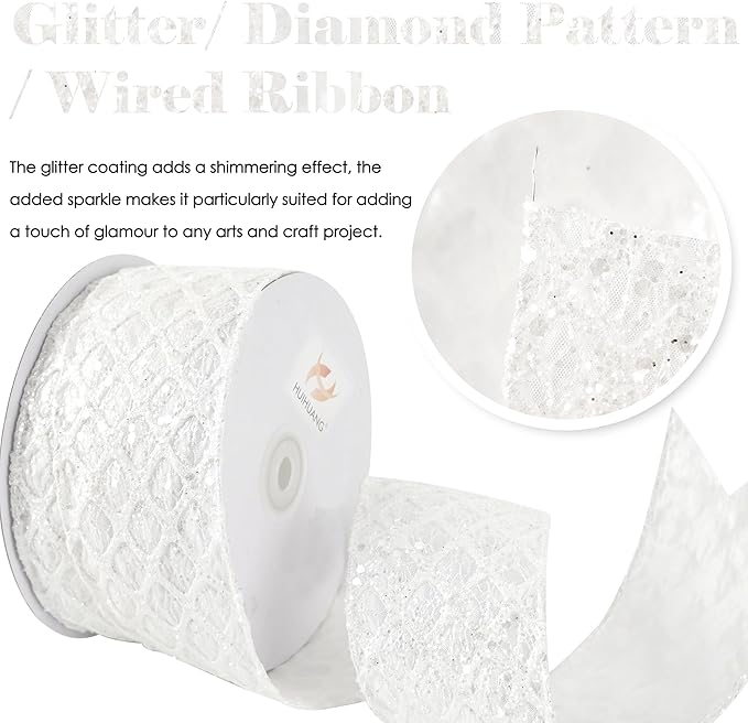 HUIHUANG White Glitter Wired Ribbon for Christmas Tree 2.5 inch White Diamond Mesh Wire Ribbon for Tree Decoration, Wreaths, Garland, Gift Wrapping, Large Bows Making, Home Decor -10 Yards
