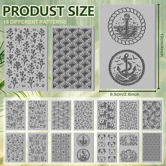 CHGCRAFT 16 Sheets Animal and Plant Clay Texture Mat Ocean Polymer Clay Texture Sheets DIY Tools for Pottery Earring Jewelry Making Stamp Engraving Machines, 4x2.6inch