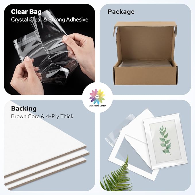 Mat Board Center, Pack of 50, 5x7 for 4x6 White Mat Kit - Acid Free, 4-ply Thickness, White Core - Includes Backing Boards and Clear Bags - for Pictures, Photos, Framing