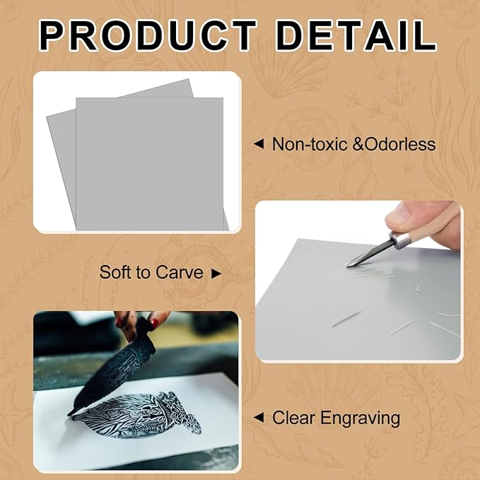 Yeaqee 8 Pcs 6 x 6 Inch Linoleum Block Rubber Carving Block Soft Linocut Blocks Large Linoleum Sheet Unmounted Lino Plates for Engraving Art Project Printmaking Artist Studio Supplies, Gray