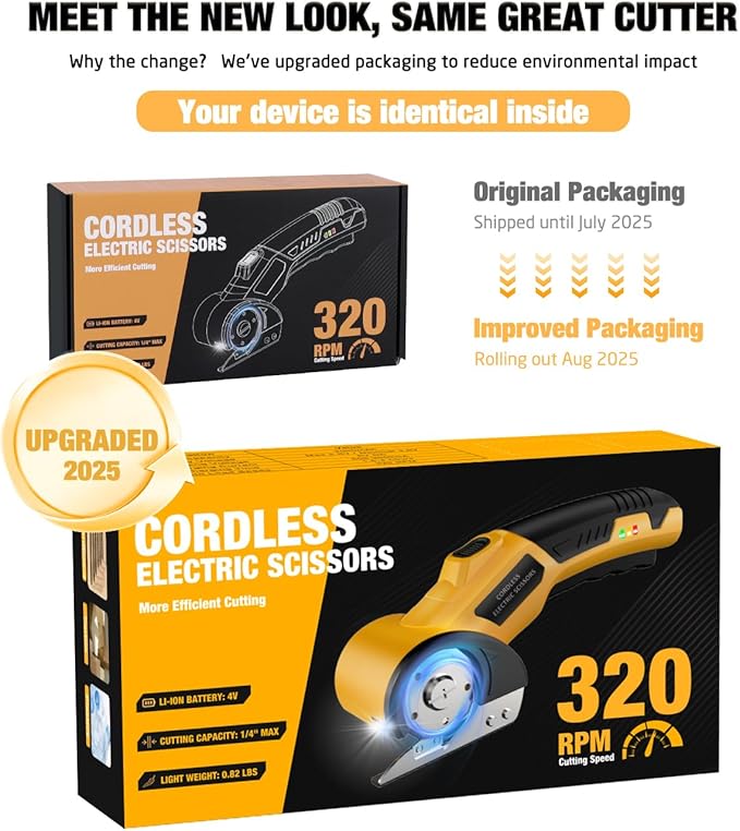 Cordless Electric Scissors: 4V Rechargeable Cardboard Cutter, 3 Blades, Safety Lock & LED Light, Box Cutter for Carton Carpet Plastic Fabric Leather(Yellow）