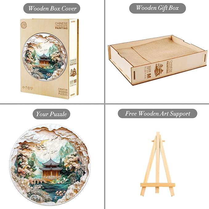 KAAYEE Wooden Puzzles for Adults, 3D Visual Effect Chinese Landscape Painting Wooden Jigsaw Puzzle Unique Shape Wood Puzzle Adult, 3D Effect Flat Puzzle Birthday Family Games (S-8.5 * 8.5 in-100pcs)