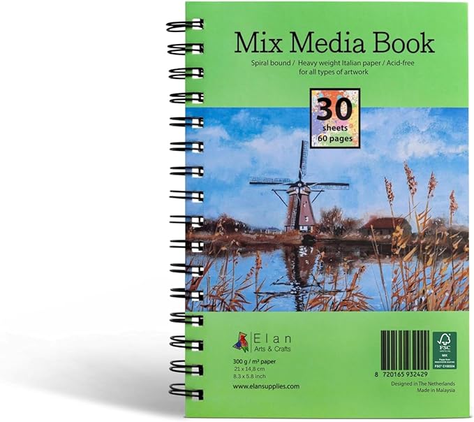 Elan A5 Mixed Media Journal, 30 Sheets Italian Paper 110 lb/250 GSM, Acid-Free Mixed Media Sketchbook 8.3x5.8 Inch, A5 Sketchbook Spiral Bound