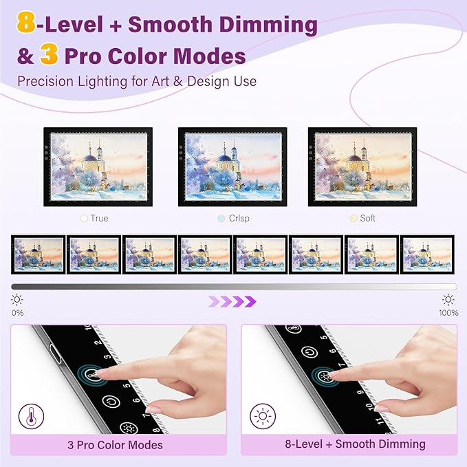 ZEXALIGHT A2 Light Box for Tracing, Light Pad for Diamond Painting with 8 Levels/Stepless Dimming Brightness and 3 Color Modes, Ultra-Thin Copy Board Light Table for Artists Tracing Drawing (Purple)