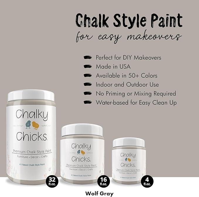 Chalky Chicks All-in-One Chalk Paint for Furniture or Cabinet - 16 Fl Oz - Matte Finish Wolf Gray (Gray/Beige) for Metal, Wood Furniture Paint - No Sanding All-in-One for Home Decor & Crafts, USA Made