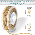 Jishi 33ft Stainless Steel Gold Plated Chain for Jewelry Making Supplies - 2mm 18K Gold Plated Non Tarnish - 33ft Roll with Lobster Clasps, Jump Rings - Gold