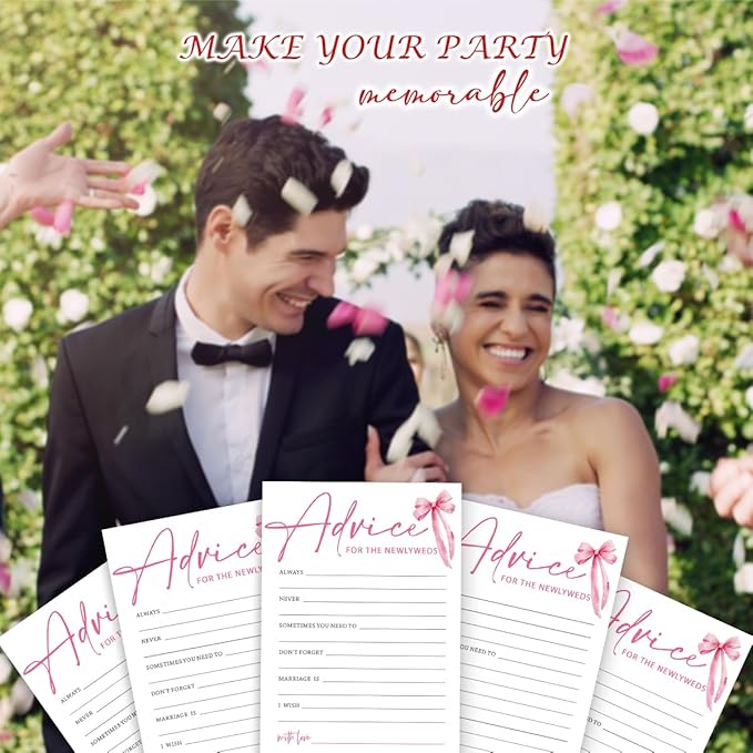 Wedding Shower Games Cards, Advice for The Newlyweds, Bridal Shower Games 25 Guests, Engagement Party Wedding Games for Guests, Pink Ribbon Bow Wedding Party Supplies - E01