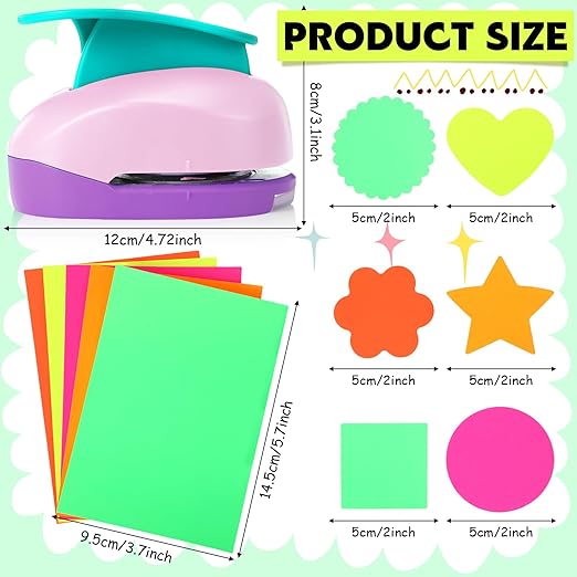 CHENGU 16 Pcs Craft Holes Punch Paper Punchers Scrapbook Punches with Craft Sticker Paper, Round, Star, Square, Heart, Flower, Wave Circle Shape(2 Inch,Multiple Styles)