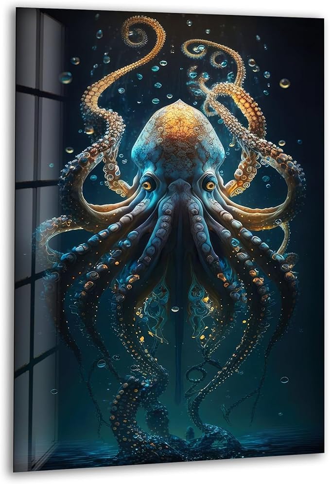 My Photostation.com 18Wx28H'' Underwater Blue Octopus Glass Wall Art Tempered Glass Printing Wall Decor Large Wall Art Wall Hangings