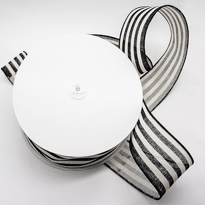 CT CRAFT LLC Striped Canvas Cotton Ribbon 2.5" x 50 Yards Ivory/Black Stripes for Thanksgiving Christmas Home Décor Gift Wrapping Outdoor Tree Topper Bow Wreath