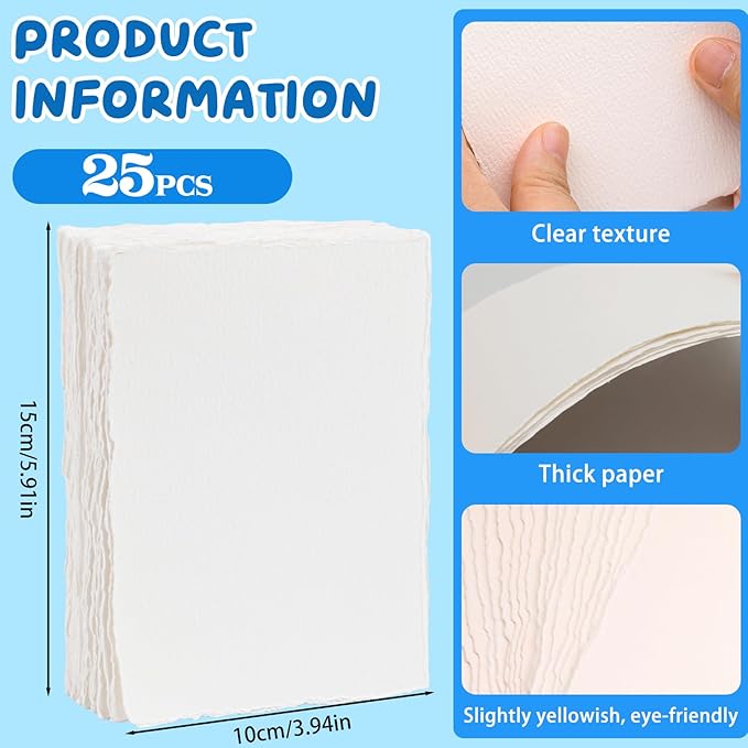 Lunarm Watercolor Paper 25 Sheets, Deckled Edge Paper 300 GSM 4 x 6 inch, Handmade Textured Cotton Paper for Wedding Invitation, Oil Pastel, Watercolor Painting and Cards, Crafts