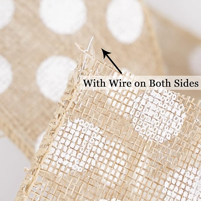 MEEDEE Burlap Ribbon with White Polka Dots - 2.5 Inch Natural Linen Wire Edge Craft Ribbon for Baby Shower, Beach, Farmhouse Gift Basket, 10 Yards