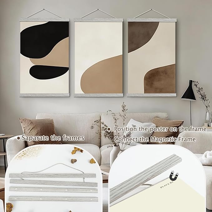 Artmag Magnetic Poster Hanger Frame, 18x24 18x12 18x28 Light Wood Wooden Magnet Canvas Artwork Print Poster Hangers Frames Hanging Kit (Grey, 18")