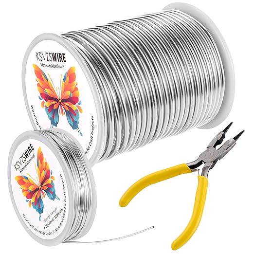 12 Gauge(2.0mm) Aluminum Wire 82 Feet(25M) KSVZS Bendable Metal Wire for Crafts, Sculpting, Armature, Jewelry Making【3-in-1】+18Gauge(1.0mm) 32.8Ft(10M)+1 Pliers(Silver)