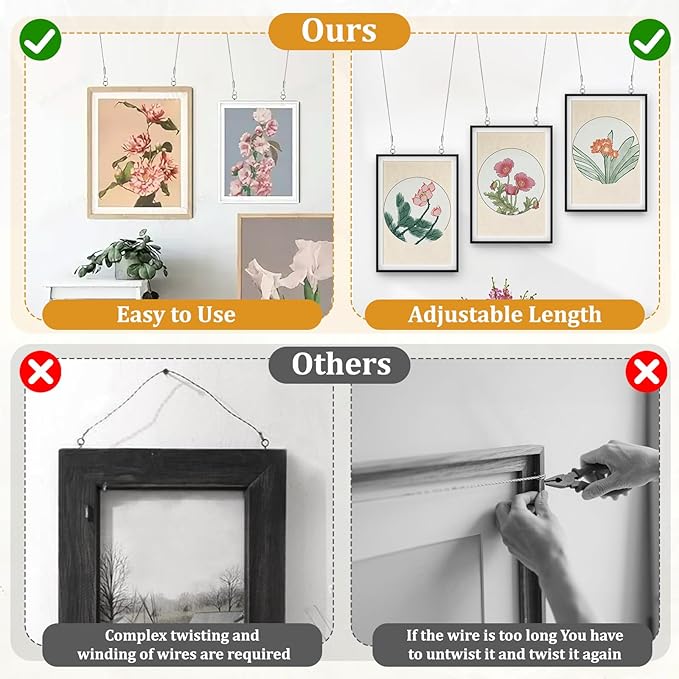 6PCS Heavy Duty Picture Hanging Wire 9.8ft X 1.5mm Mirror Frame Hanging Kit Adjustable Stainless Steel Rope for Pictures, Mirrors, Frames, Artwork, Light Lamp and Billboards, Supports up to 66lbs