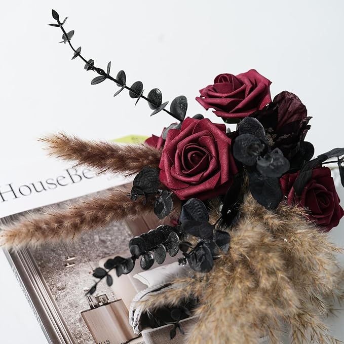 Artificial Flowers Foam Fake Roses 25pcs Dark Red Roses with Stems for Home Decor DIY Wedding Bouquets Party Bridal Shower Centerpieces Faux Flower Arrangements Tables Decorations
