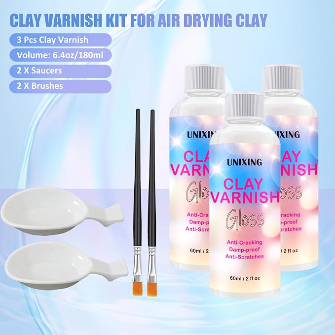 3 Packs Air Dry Clay Varnish, 180ml Air Dry Clay Glaze, Polymer Clay Glaze, High Gloss Clay Sculpture Sealant for Air Dry Clay Pottery Waterproof Scratch Resistant Varnish for Clay (60ML X 3Pack)