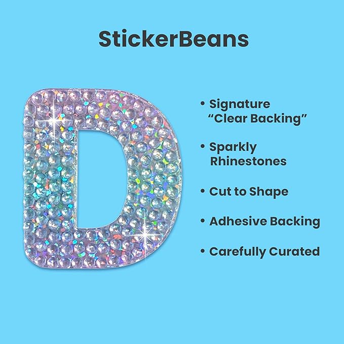 StickerBeans® Rhinestone Alphabet Letter Sticker D - Unique Sparkly Design 2” x 2” Cut-to-Shape Adhesive - Personalization, Collecting, Gifting, Scrapbooking, Decorating Laptops, Phone Cases, All Ages