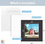 Mat Board Center, Pack of 25, 12x12 for 8x8 Black Mat Kit - Acid Free, 4-ply Thickness, White Core - Includes Backing Boards and Clear Bags - for Pictures, Photos, Framing