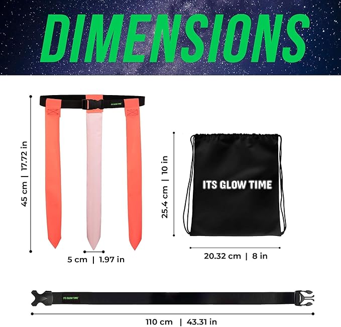 Glow in the Dark Flag Football Belts (Set of 6 with Storage Bag)- Premium Flags for Day or Night- Adjustable Belt Set for Yard Games, Football Party, Glow Party, Camping, Beach Games, Team Building