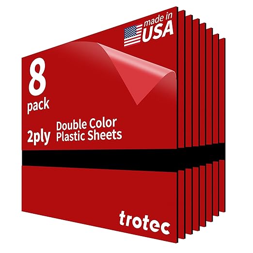 Trotec TroLase | 12"x12"x1/16", 8 Pcs | Red/Black | 2 Ply | Modified Acrylic | Laser Engraving Double Color Plastic Sheet | Engraving Blanks for Laser, Saw, Guillotine | Made in USA