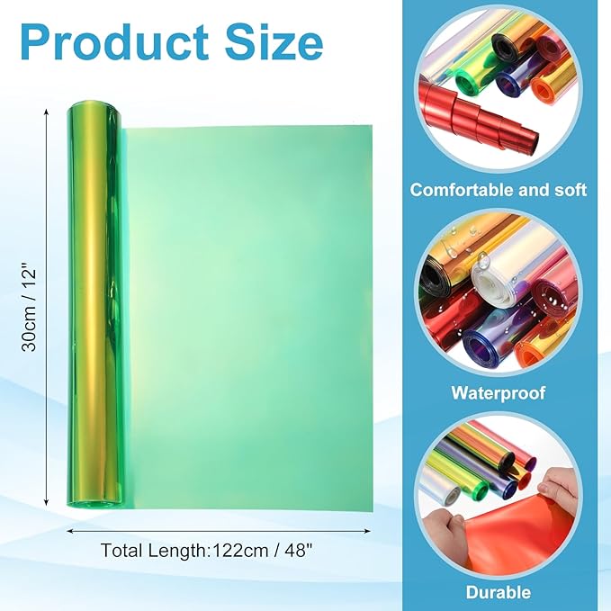MECCANIXITY Holographic Clear PVC Vinyl Film Holographic PVC Fabric Waterproof Dichroic Film 12 x 48 Inch for Handbags Bows Earrings DIY Craft,Fluorescent Green