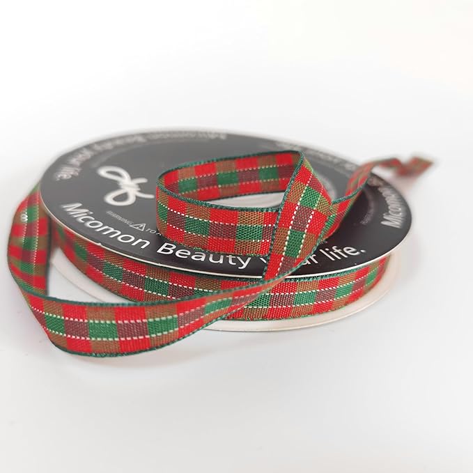 Micomon X'Mas Gingham Ribbon Green Red Metallic Gingham Ribbon 25 Yards Each Roll 100% Polyester (3/8",RedGreenGold)