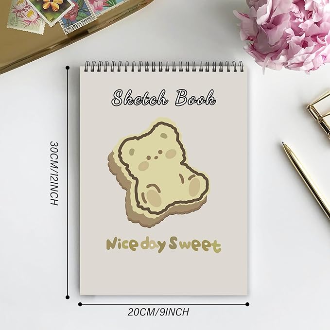 Deokke Sketchbook Top Spiral Bound Sketch Pad, 9 x 12 inch,100GSM Thick Paper,50 Sheets 100 Pages,Art Sketch Book Aesthetic Cute Drawing Writing Paper,for Girls Women-Bear