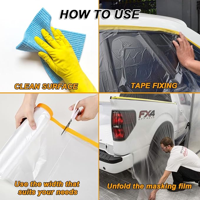 6 Pack Protective Masking Film with Tape 3.6/5/6 x 65 Ft Car Painters Plastic Sheeting Roll Tape and Drape Masking Film for Automotive Painting Covering Furniture, Auto Body, 3 Size
