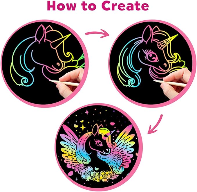 ZMLM Scratch Art Crafts Girls Gifts, 60 Rainbow Scratch Paper Art Gifts for 3 4 5 6 7 8 9 10 Years Old Girls and Boys Kids, Arts and Crafts for Kids 4-6 Birthday Toys and Games Activities Gift (Pink)