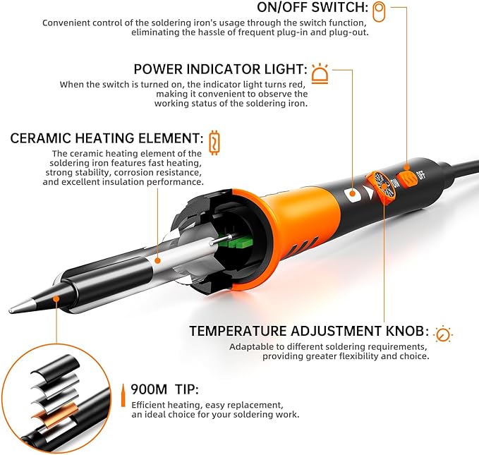 60W Adjustable Temperature Soldering Iron Kit - 9-in-1 With 5 Tips, Solder Wire Stand for Soldering and Repair