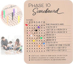 Phase 10 Score Board, Wooden Phase 10 Scoreboard, Phase 10 Score Sheets with 8 Colored Pegs, 10 Scorecard and Round Tracker, Classic Family Adults Board Card Games Night Table Score Boards