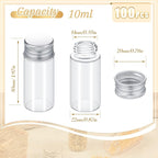 100 Pcs Small Clear Vials Spice Mini Jars with Lids Mini Glass Bottles with Screw Aluminum Metal Caps Tiny Jars Sample Containers for Powder Cream Cosmetic Jewelry Wedding (10 ml,Silver Caps)