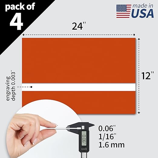 Trotec TroLase | 12"x24"x1/16", 4 Pcs | Orange/White | 2 Ply | Modified Acrylic | Laser Engraving Double Color Plastic Sheet | Engraving Blanks for Laser, Saw, Guillotine | Made in USA
