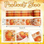 Threetols 2 Rolls 10 Yards Fall Wired Edge Ribbons, 2.5inch Orange Plaid Burlap Ribbons, Autumn Leaves Pumpkin Ribbon for Thanksgiving Party DIY Craft Fall Wreath Bow Decor
