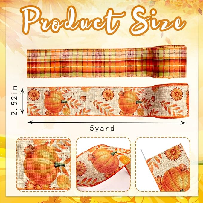 Threetols 2 Rolls 10 Yards Fall Wired Edge Ribbons, 2.5inch Orange Plaid Burlap Ribbons, Autumn Leaves Pumpkin Ribbon for Thanksgiving Party DIY Craft Fall Wreath Bow Decor