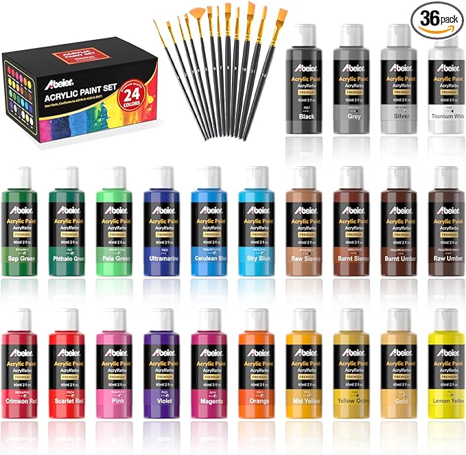 ABEIER Acrylic Paint Set, 24 Colors (60ml/2oz) with 12Paint Brushes, Non-Toxic, Waterproof, Strong Coverage for Kids Adults Beginners Students, Painting on Canvas Stone Wood Fabric Rocks Ceramic