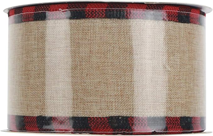 MEEDEE Burlap Christmas Ribbon Wired Burlap Ribbon 2.5 Inch 10 Yards Fall Burlap Ribbon with Red and Black Buffalo Check Edging Wired Plaid Burlap Ribbon for Christmas Tree, Wreath Making