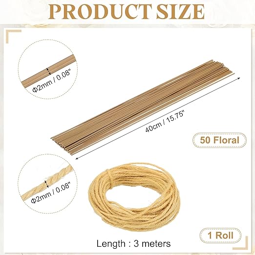 uxcell 50Pcs 2 Gauge Floral Wire, 15.75" Length Flower Stem Wires with 0.08" x 32.8ft Twine for Wreath Making, Flower Arrangement, Yellow
