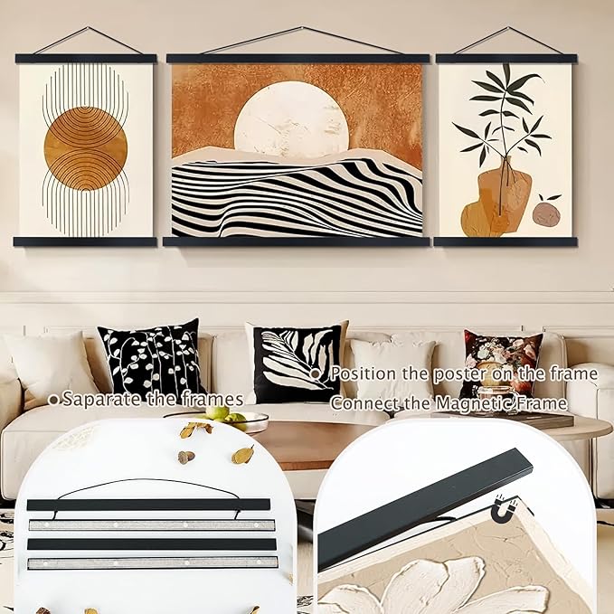Artmag Magnetic Poster Hanger Frame, 32x24 32x40 32x48 Light Wood Wooden Magnet Canvas Artwork Print Poster Hangers Frames Hanging Kit (Black, 32")