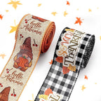 Threetols 2 Rolls 10 Yards Fall Wired Edge Ribbons, 2.5inch Black White Plaid Burlap Ribbon, Autumn Leaves Gnomes Pumpkin Ribbon for Thanksgiving Party DIY Craft Fall Wreath Bow Decor