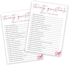 Wedding Shower Games Cards, Twenty Questions About The Bride, Bridal Shower Games 25 Guests, Engagement Party Wedding Games for Guests, Pink Ribbon Bow Wedding Party Supplies - E05