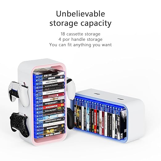 wigmoa OYO-1 15.8INCH Game Storage Tower Compatible with PS5/ Xbox Series S & X/Switch, Universal Video Discs Organizer 18 PCS with 4 Controller Holder, Game Disk Box Stand (White/Pink)