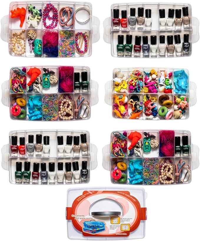 Sooyee 6-Tier Stackable Craft Organizers and Storage Box with 60 Compartments,Plastic for Toys,Dolls, Arts and Craft, Fuse Beads, Washi Tape, Rock Collection, Ribbons,Clear