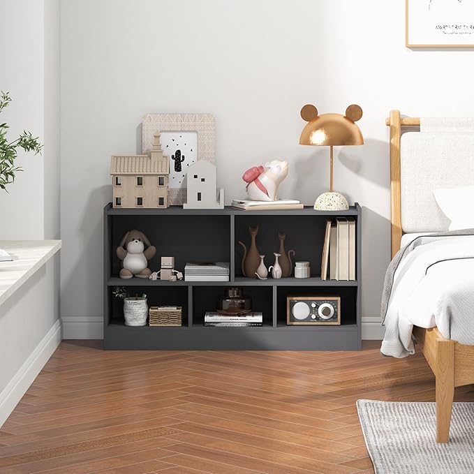 LOKO 2 Tier 5 Cube Bookcase, Open Shelf Storage Cabinet, Wooden Display Cabinet Shelf, Multipurpose Bookshelf for Living Room, Bedroom, Hallway, Home Office, Classroom (Grey)