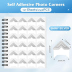 GOONAVI 10 Sheets 240 PCS Shiny Silver Acid-Free Photo Corners Notebook, Self-Adhesive Photo Corners for DIY Photo Album Journal, Photo Corner Stickers for Trip Journal Memory Book