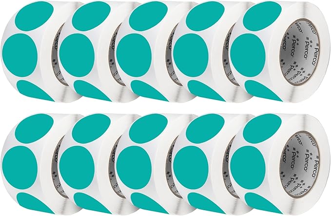 Perco Teal 3-Inch Perforated Circle Dot Sticker Labels — 10 Rolls, 5,000 Round Stickers — with Permanent Adhesive for Moving Boxes, Sale Signage, Displays, Status Messaging—Made in USA